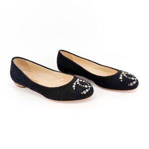 Chanel Black Boucle Tweed Crystal CC Logo Ballet Flats Size 38 US 7-7.5